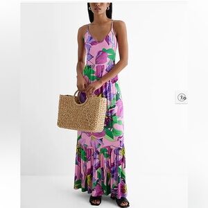 NWT Express Floral V-Neck Back Cut Out Tiered Maxi Size L